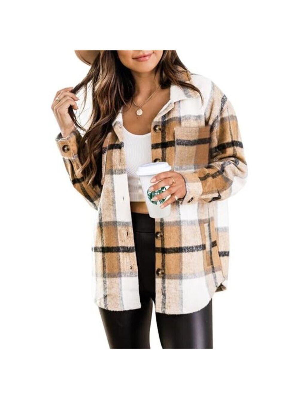 Womens Plaid Shacket Jacket Button Down Flannel Shirt Long Sleeve Pockets